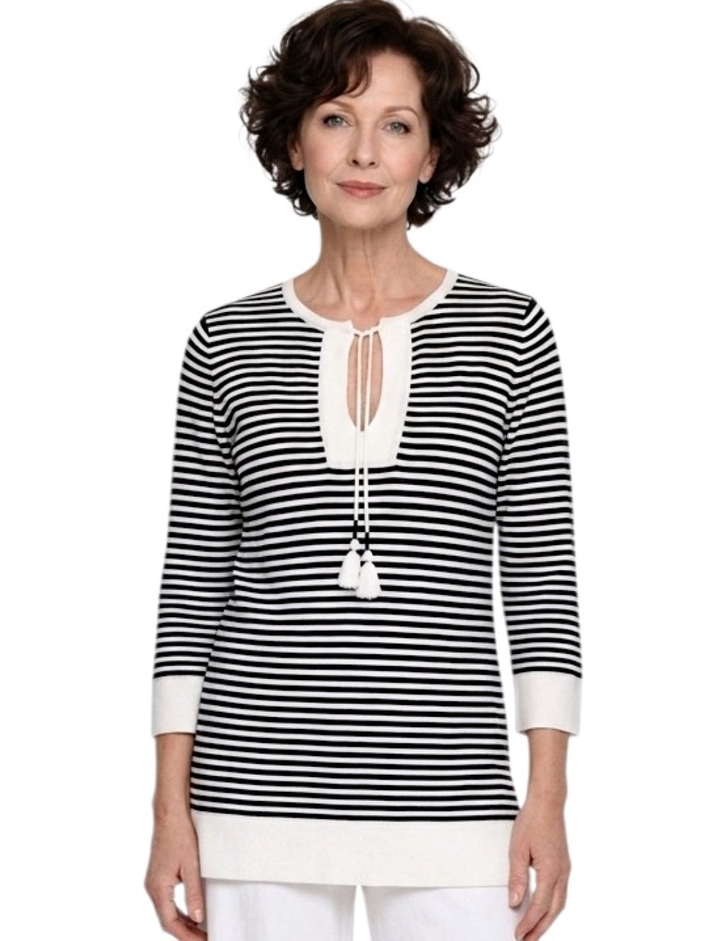 Loft Black & White Striped Split Neck 3/4 Sleeve Pullover Sweater Size XXS